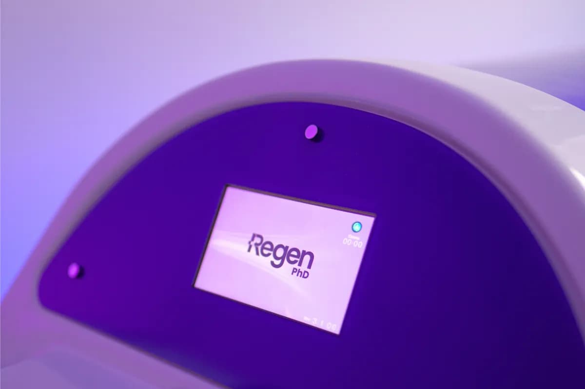 Canopy-mounted Regen Pod controller screen showing the Regen PhD mark and a session timer